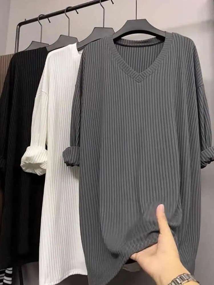 plus Size Women's V-Neck Long Sleeve T-Shirt Loose Fit Mid-Length Casual Top for Heavy Girls Spring Autumn Fashionable