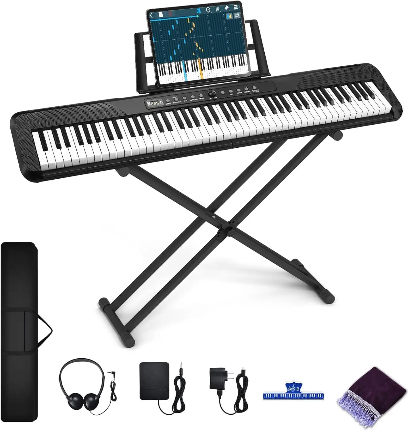 88-Key Digital Piano with Semi-Weighted Keys, Bluetooth & USB-MIDI: Includes Music Stand, Power Supply, Sustain Pedal, Carrying Case, Headphones - for Beginner to Professional