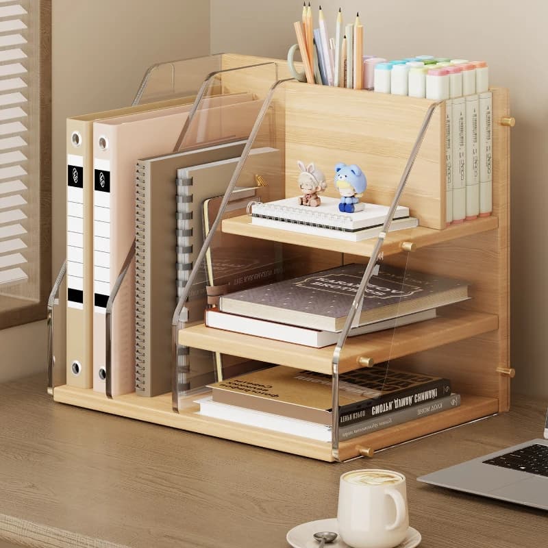 Semplice Libreria da Scrivania in Legno, Organizzatore per Documenti e File, Robusto Portaoggetti per Cancelleria, per Casa e Ufficio