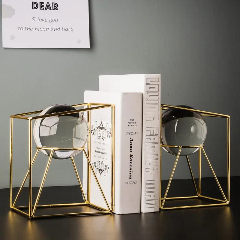 Fermalibri Moderni in Ferro con Sfera di Cristallo - Decorazione Geometrica Staccabile per Studio e Ufficio, Organizzatore Artistico per Libreria, Regalo Unico