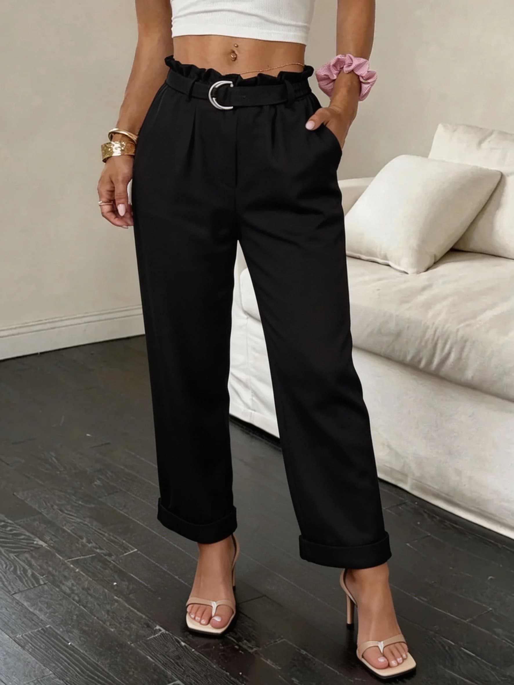 Elegant Black Paperbag Waist Belted Pants High Waist Wide Leg Rolled Hem Pocket Trousers, For Office Casual Daily Outfits