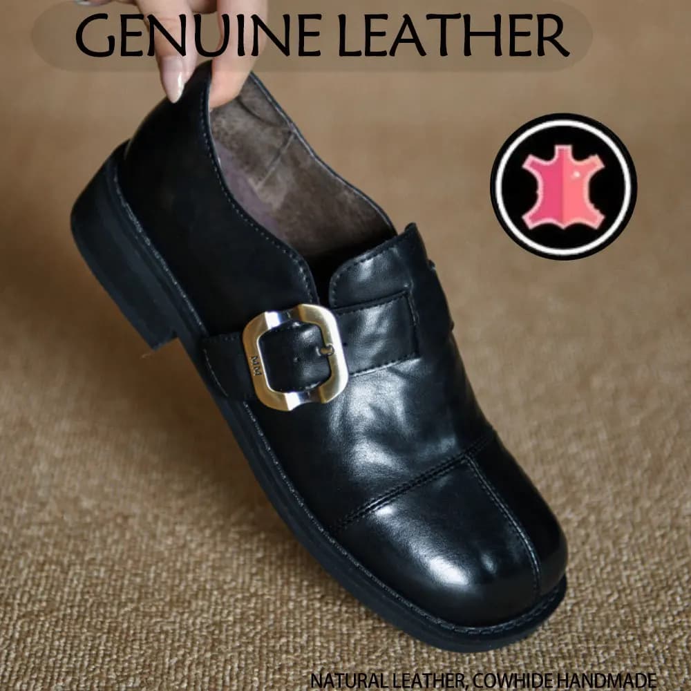 Women's Moccasins Leather, Shoes with Big Heel and Round Toe, Decorative Buckle, for Daily Use