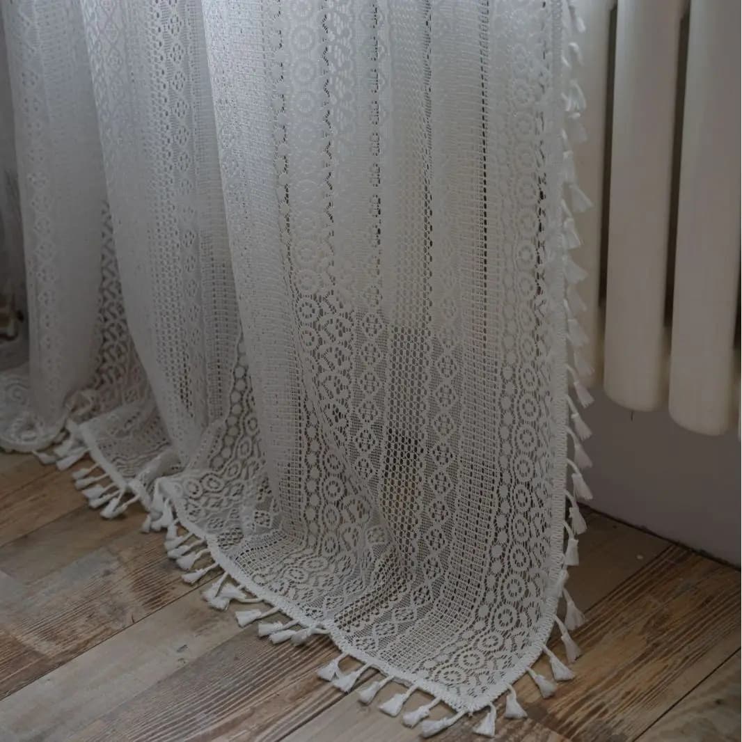 French Tulle Lace Curtains Geometry Striped Knitted Lace Light Filtering Curtains for Kitchen Bedroom Living Room Bay Window