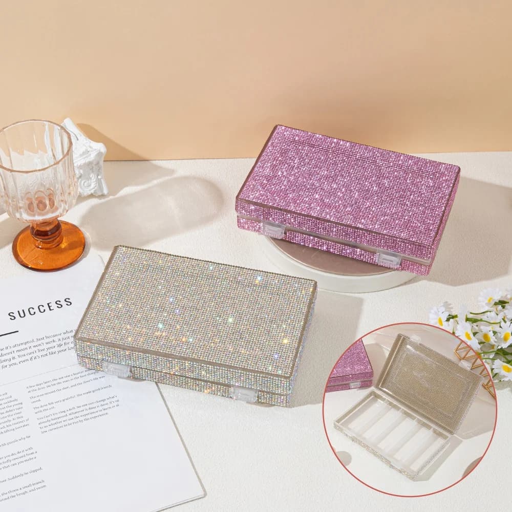Luxury storage box with glossy rhinestones, double use for nail polish gel and extension eyelashes, portable makeup organizer with glitter and diamonds