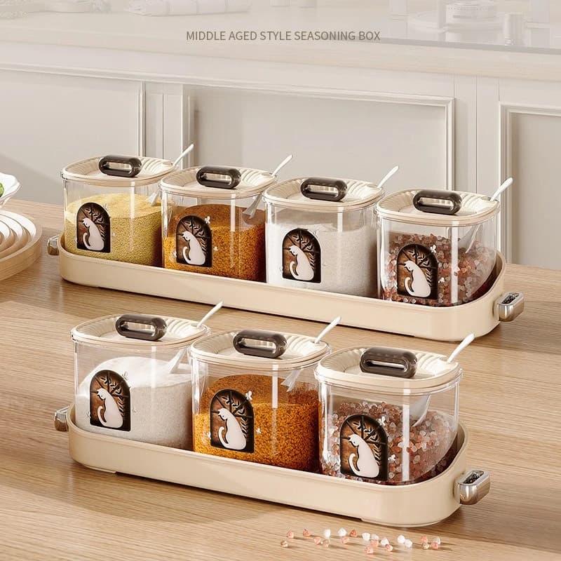 Scatola per condimenti trasparente, set di contenitori per condimenti da 3/4 con cucchiaio Utensili da cucina Forniture per riporre scatole per spezie Set barattolo di sale