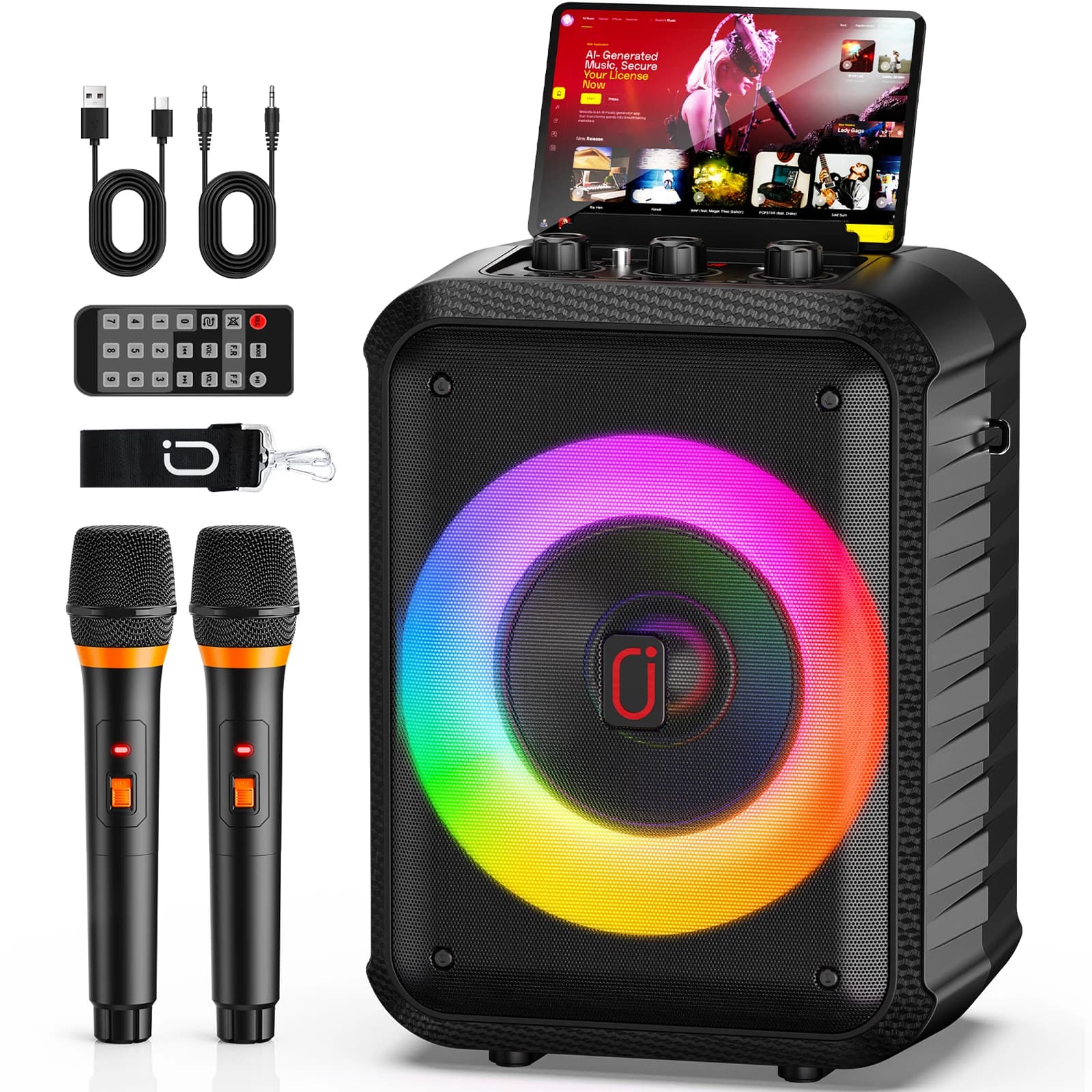 Dual Wireless Microphone with Satchel Bluetooth Karaoke Audio, with Bt, Usb, Tf Card, Fm, Recording, with Reverberation Speaker