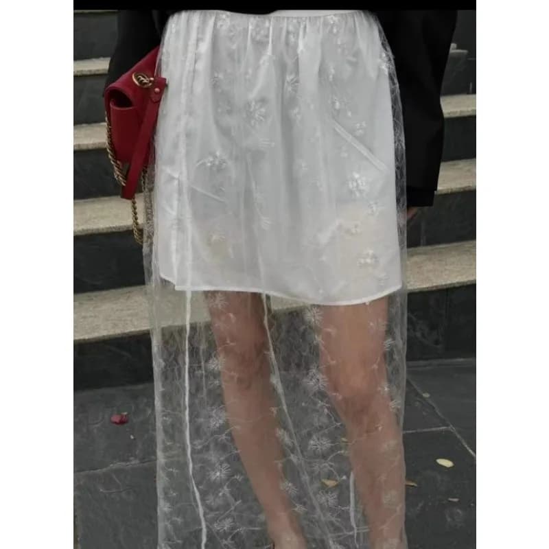 Gonna lunga nera da donna in pizzo e tulle con paillettes, modello A-line, per l'estate, stile industriale, con taglio a vita bassa