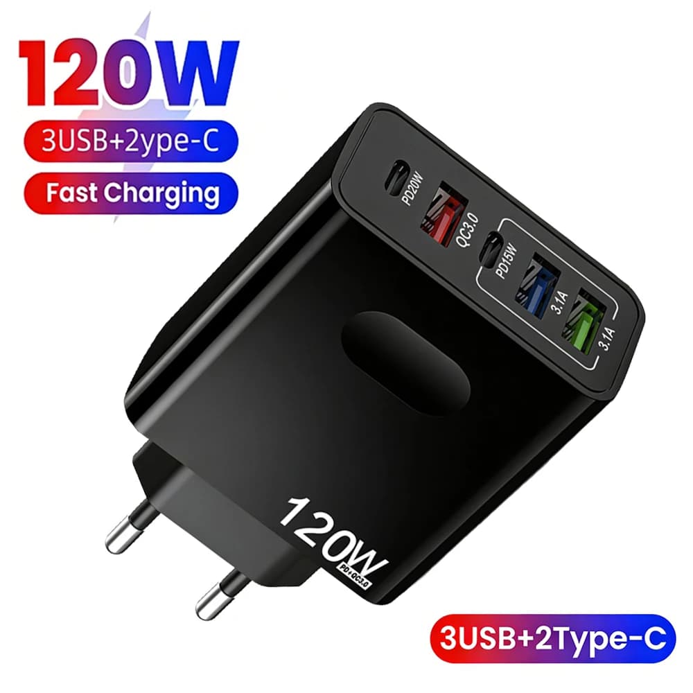Caricatore USB C da 120W a 5 porte, caricatore rapido per telefono, alimentatore per iPhone, Samsung, Xiaomi, con spina EU/US/UK, caricatore a ricarica rapida.