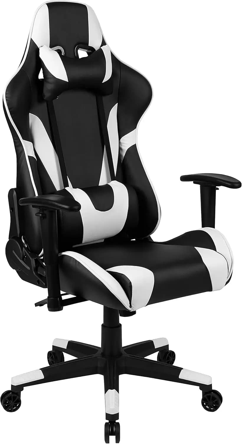 Sedia da Gaming Completamente Reclinabile Stile Racing con Poggiatesta, Cuscini Lombari, Sedia Ergonomica Girevole per Computer in Nero/Bianco