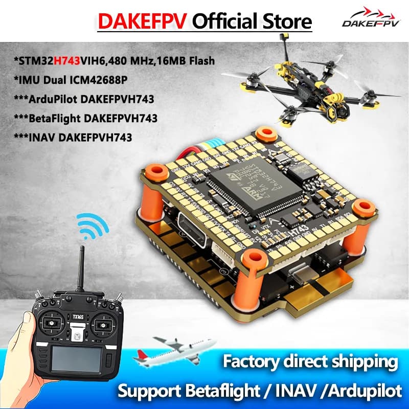 DAKEFPV H743 FC 6S 55A 8S 70A STACK 4IN1 Blheli_S Bluejay 8bit ESC H743 Supporta Betaflight Ardupilot per Droni FPV RC da 5 Pollici Fai-da-Te