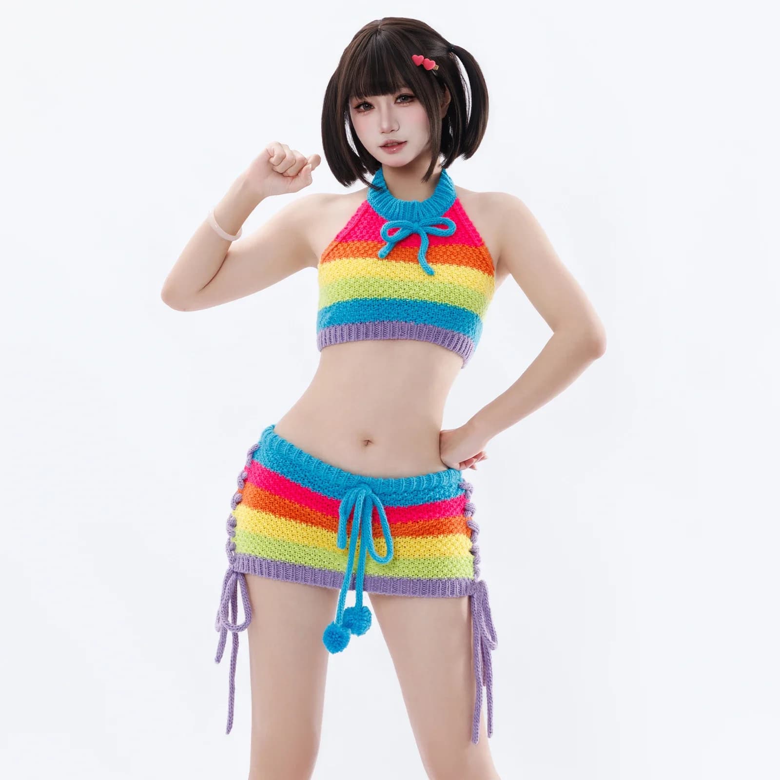 Original Rainbow Turtleneck Sweater Cosplay Outfit Women Knit Top Mini Skirt Kawaii Anime Role Play Costume Convention Clothing