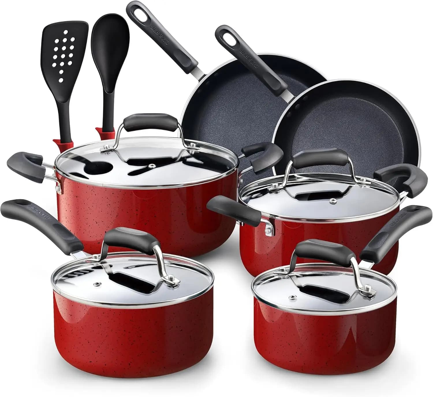 Set di Pentole Antiaderenti da 12 Pezzi Compatibili con Induzione, Padelle e Casseruole in Rosso Marmo