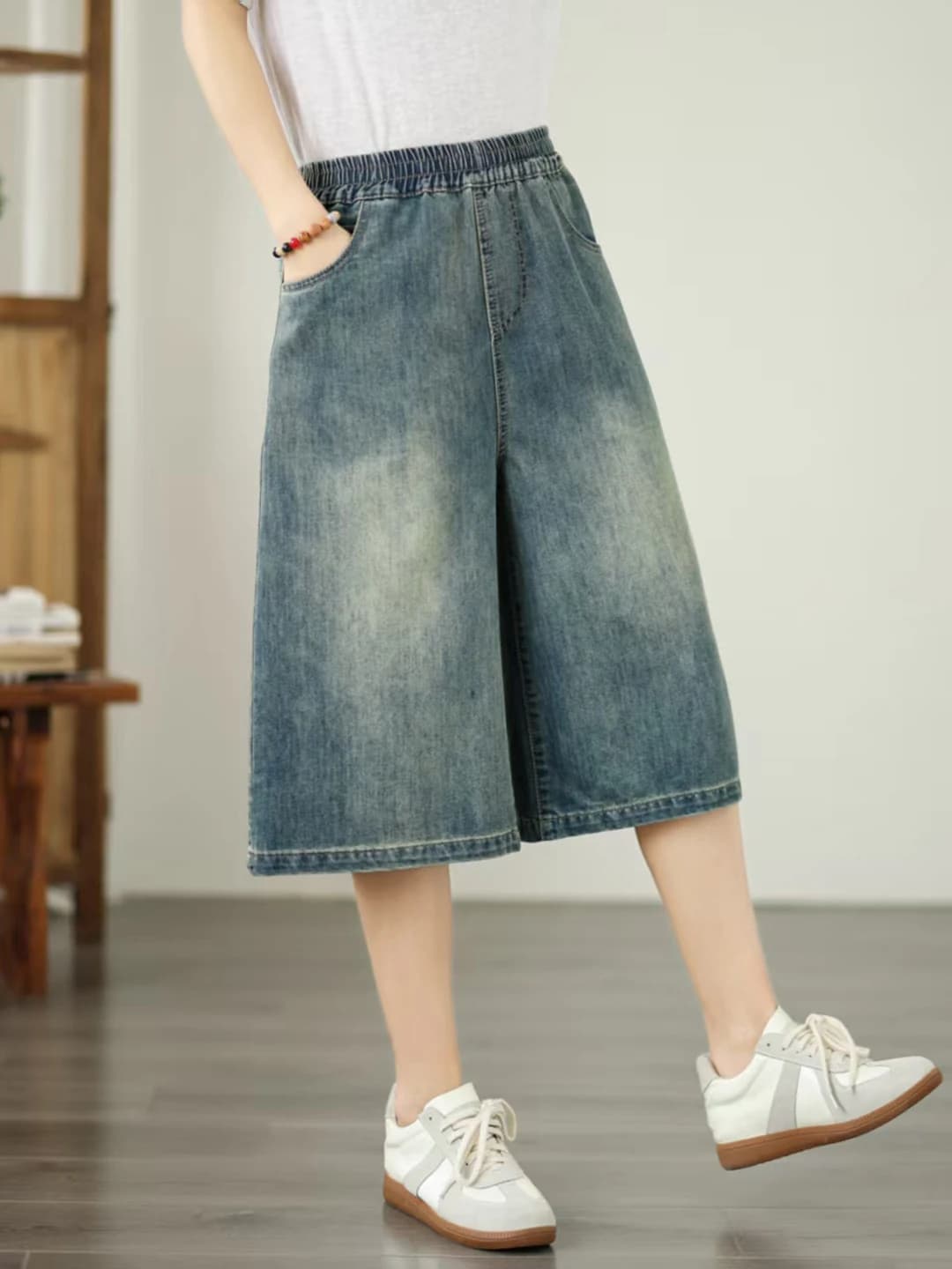 Retro Casual Wide Leg Jeans Women's Summer New Pure Color Elastic Waist Loose Casual Versatile Six-Part Pants