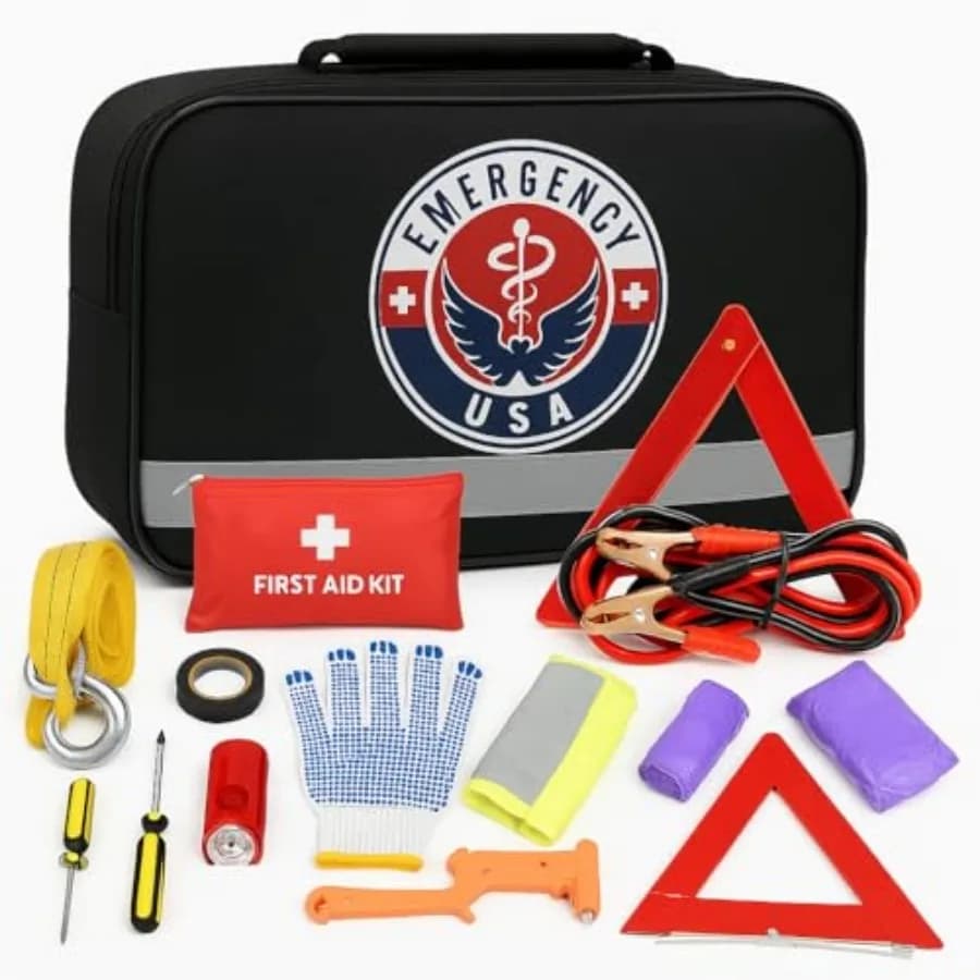 Kit di Emergenza Stradale per Auto - Set di Pronto Soccorso, Cavi di Avviamento, Cinghia di Traino, Torcia LED, Impermeabile, Manometro Pneumatici, Gilet di Sicurezza