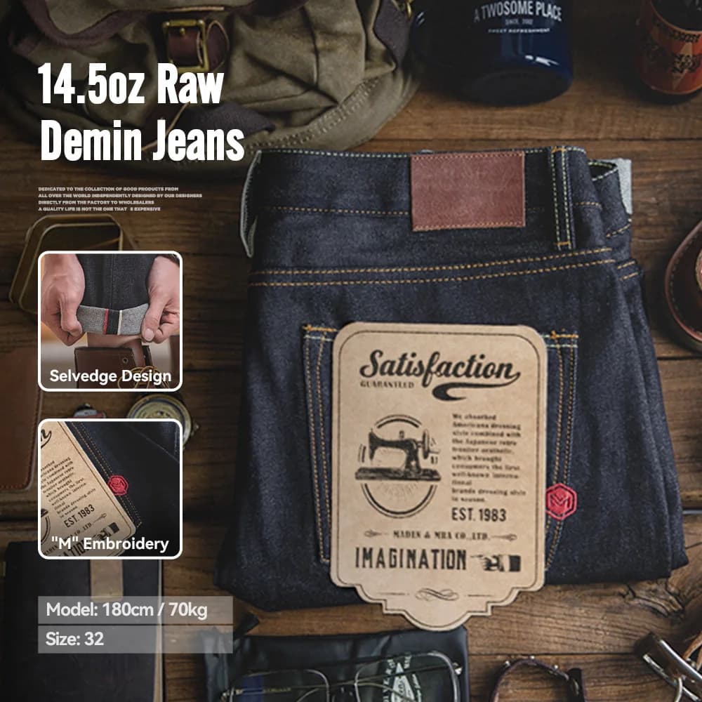 Maden Retro 14,5 once cimosa jeans grezzi per jeans da uomo con cerniera YKK jeans dritti ricamati pantaloni classici in tinta unita