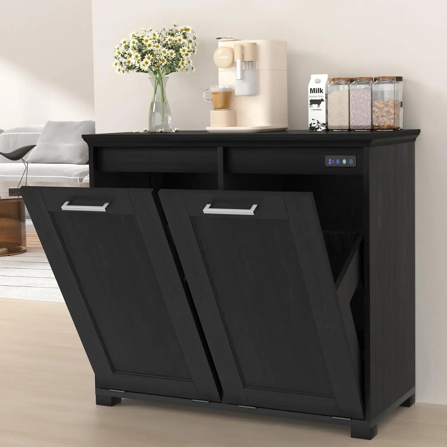 Tilt Out Trash Can Cabinet, Wooden Trash Cabinet with Deodorising Function, 20 Gallons Freestanding Dog-Proof, Customized