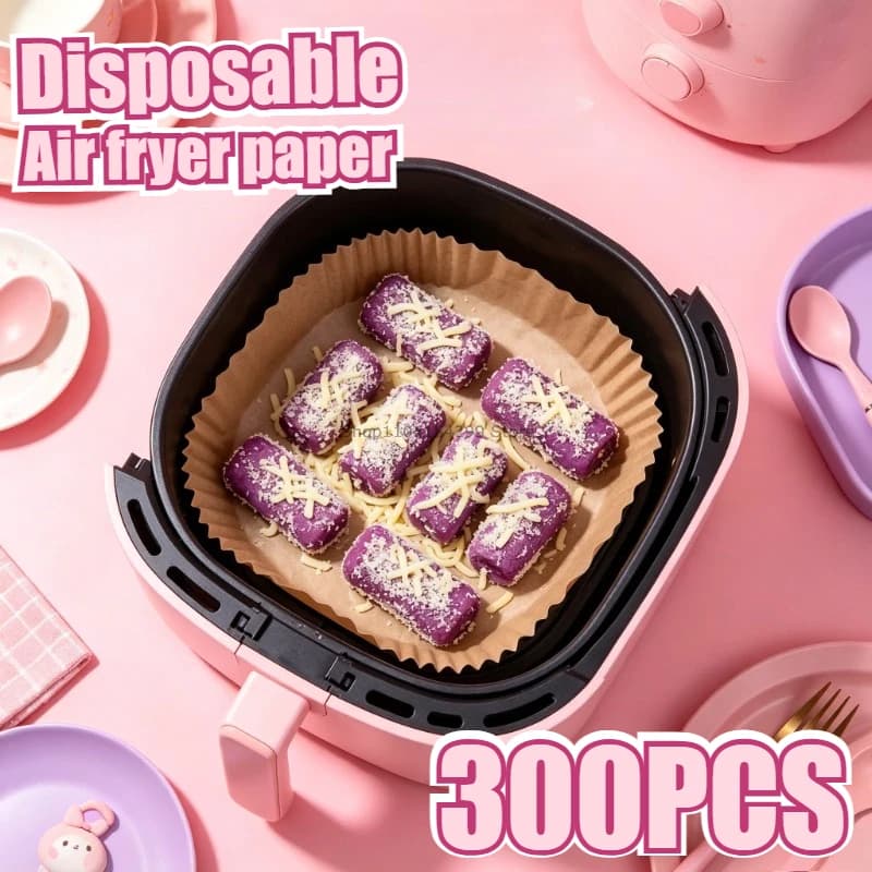 50/100/200 Pezzi Carta da Forno Monouso per Friggitrice ad Aria, Rotonda/Quadrata, Carta Speciale Antiaderente al Silicone per Alimenti, Fogli per Friggitrice ad Aria, Carta da Forno