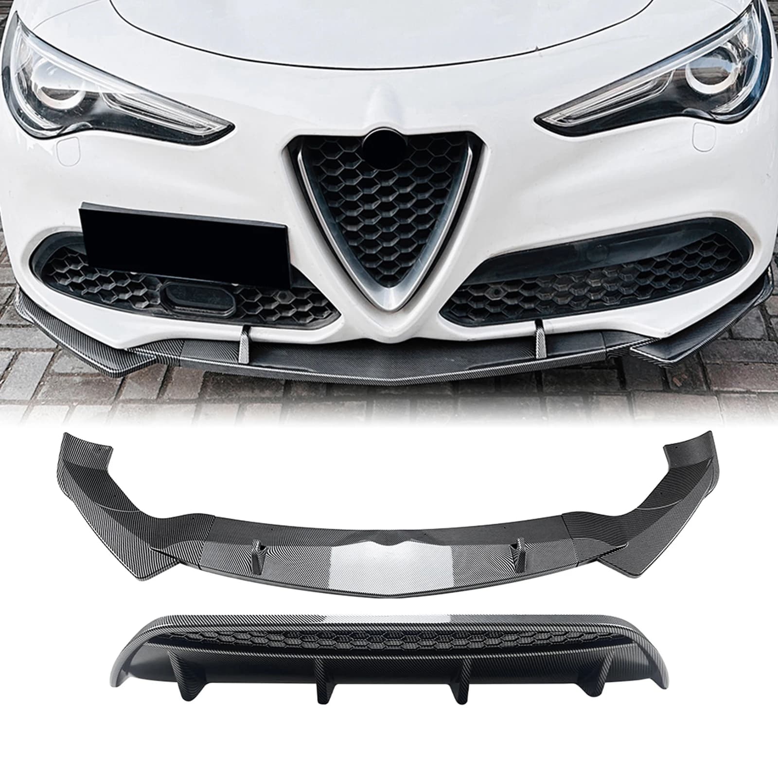 Per Alfa Romeo Stelvio 2017-2025 Paraurti Anteriore Labbro + Diffusore Posteriore Spoiler In Fibra di Carbonio Look/Gloss Nero Inferiore Splitter Lama Kit