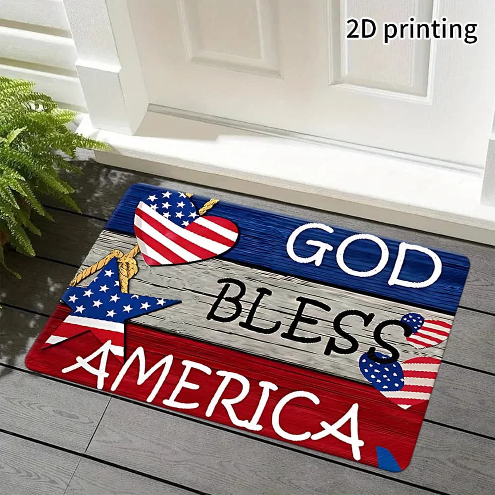 Tappetino Patriottico 'God Bless America' Monofacciale, Antiscivolo per Camper, Campeggio, Veranda, Giardino, Lavabile, Tappeto di Benvenuto per Esterni