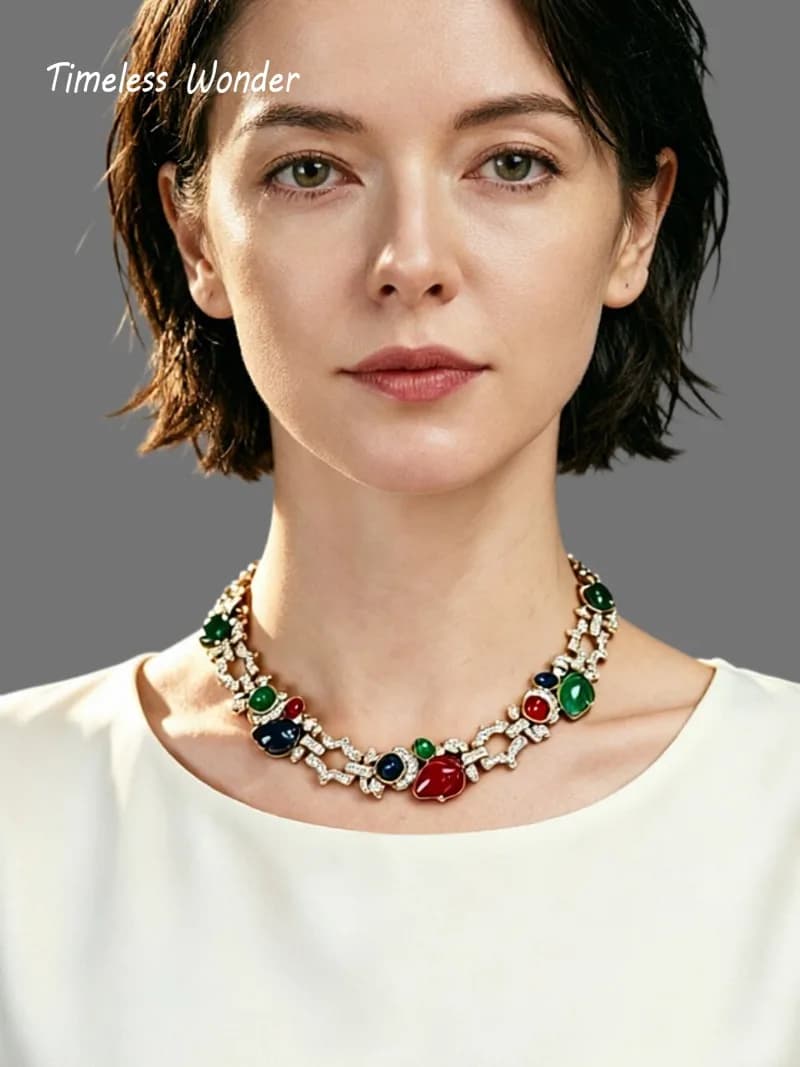 Set di Gioielli Vintage Raro 4612: Collana e Orecchini a Bottone con Zirconi Fantasia e Vetro Floreale Geometrico, Design Esclusivo per Donna