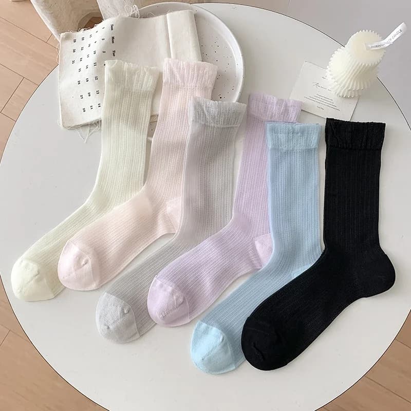 Calze da donna 2026 estive tinta unita ultrasottili alla moda in rete traspiranti morbide semplici calze lunghe fresche stile coreano