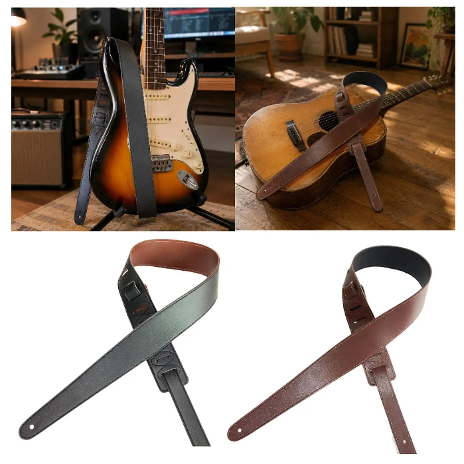 Tracolla per Chitarra in Pelle PU Resistente, Lunghezza Regolabile, Cintura Professionale per Chitarra Elettrica, Acustica, Basso e Ukulele