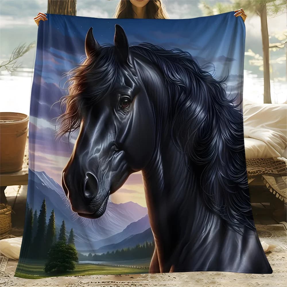 Luxury Horse Print Blanket - Soft Warm Polyester Flannel All-Season Black Horse & Mane Design Throw (4-5 Sizes: Twin/Full/Queen/