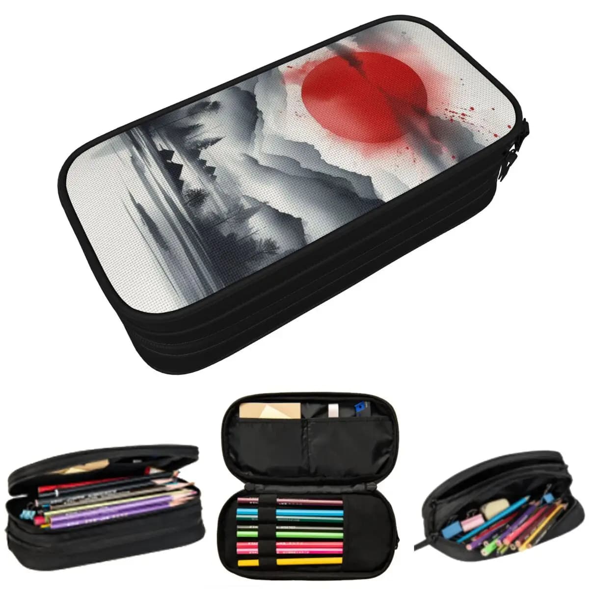 Astuccio per matite con disegno di sole rosso e montagna, ideale come regalo per studenti, porta penne, astuccio per cancelleria, portaoggetti per penne.