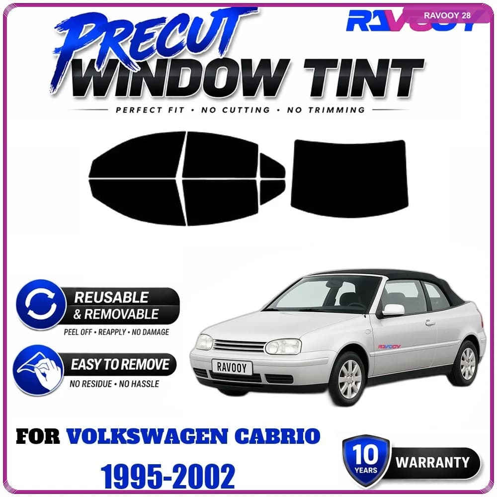 RAVOOY Precut Window Tint, Reusable Removable EPU Film, Custom Fit for Vw Cabrio 1995-2002, UV Heat Protection