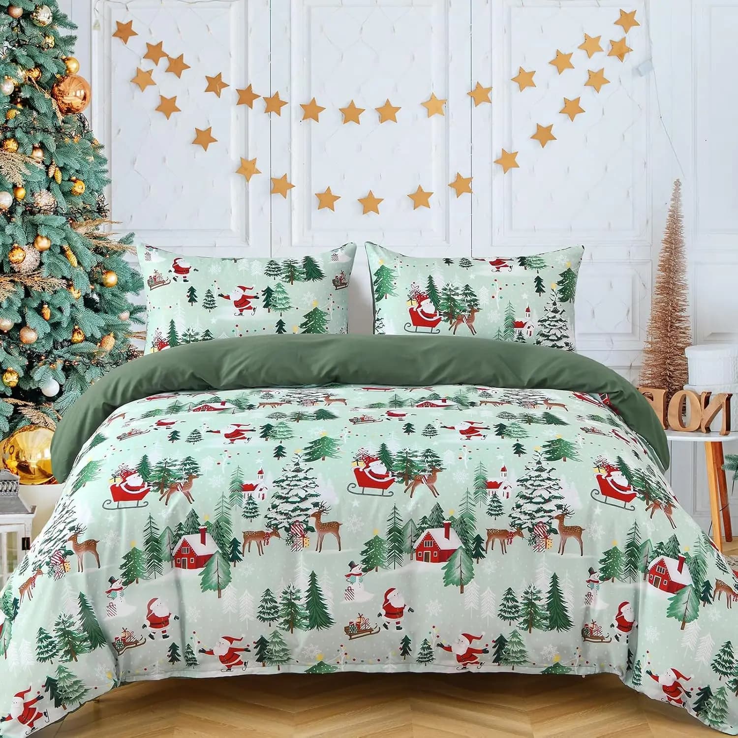 Set copripiumino natalizio verde: set di biancheria da letto in morbida microfibra con motivo doppio Babbo Natale e albero di Natale con fiocco di neve