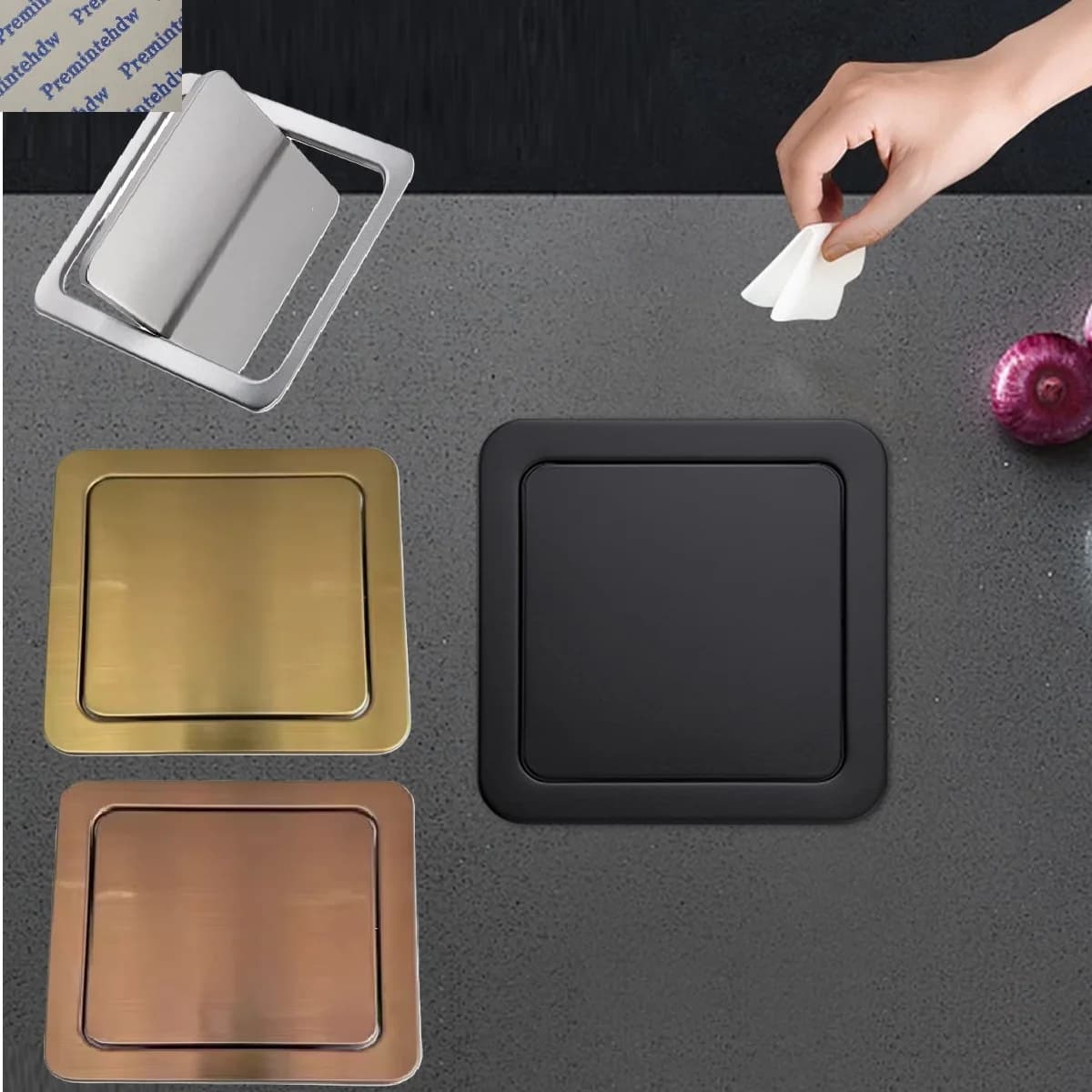 1Pc Square Stainless Steel Counter Mount Waste Trash Swing Lid Black Rose Gold ---No Bin Included