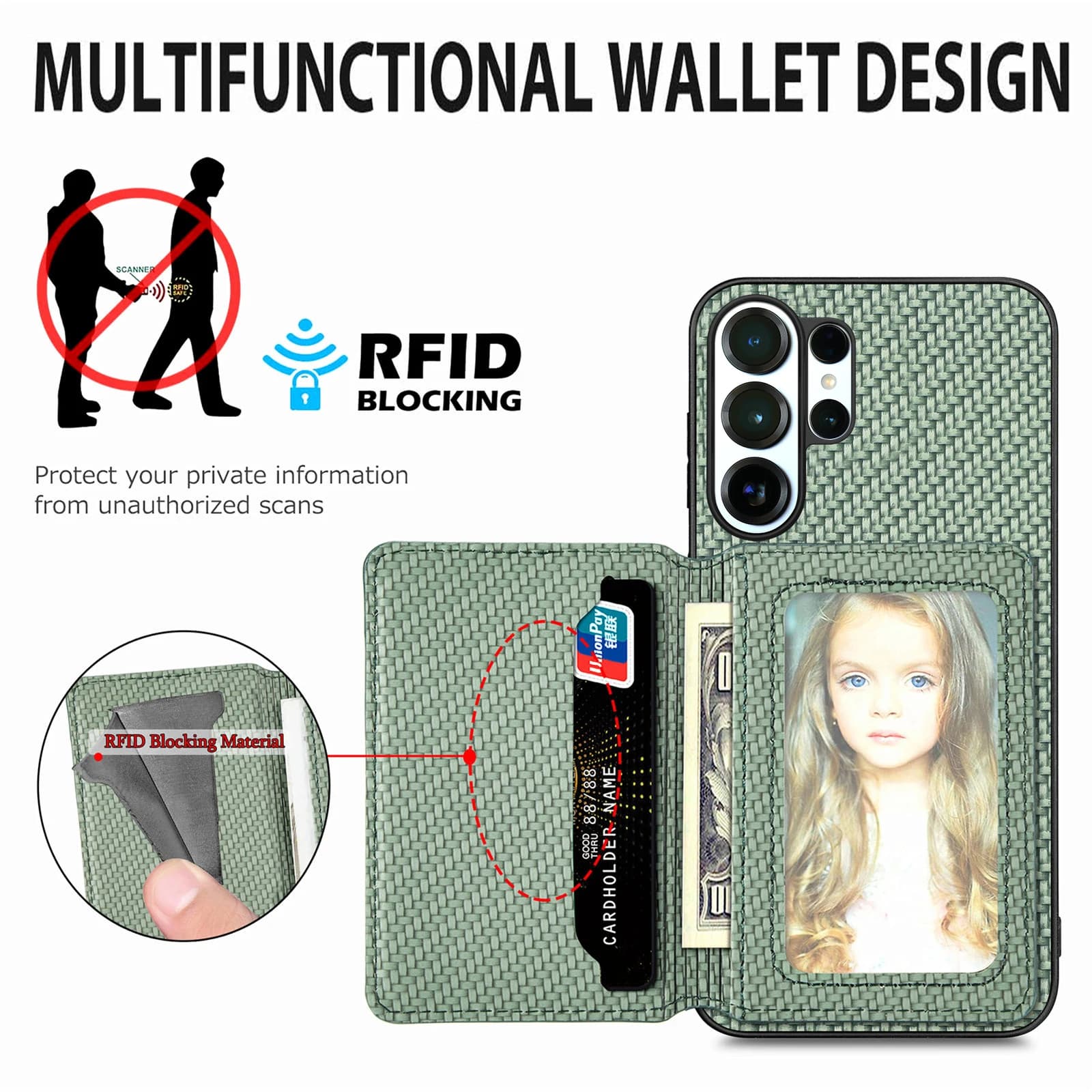 Magnetic Carbon Fiber Wallet Case with Card and Clamp Slot for Samsung S26 S25FE Ultra S24 Plus S23 S22 S21