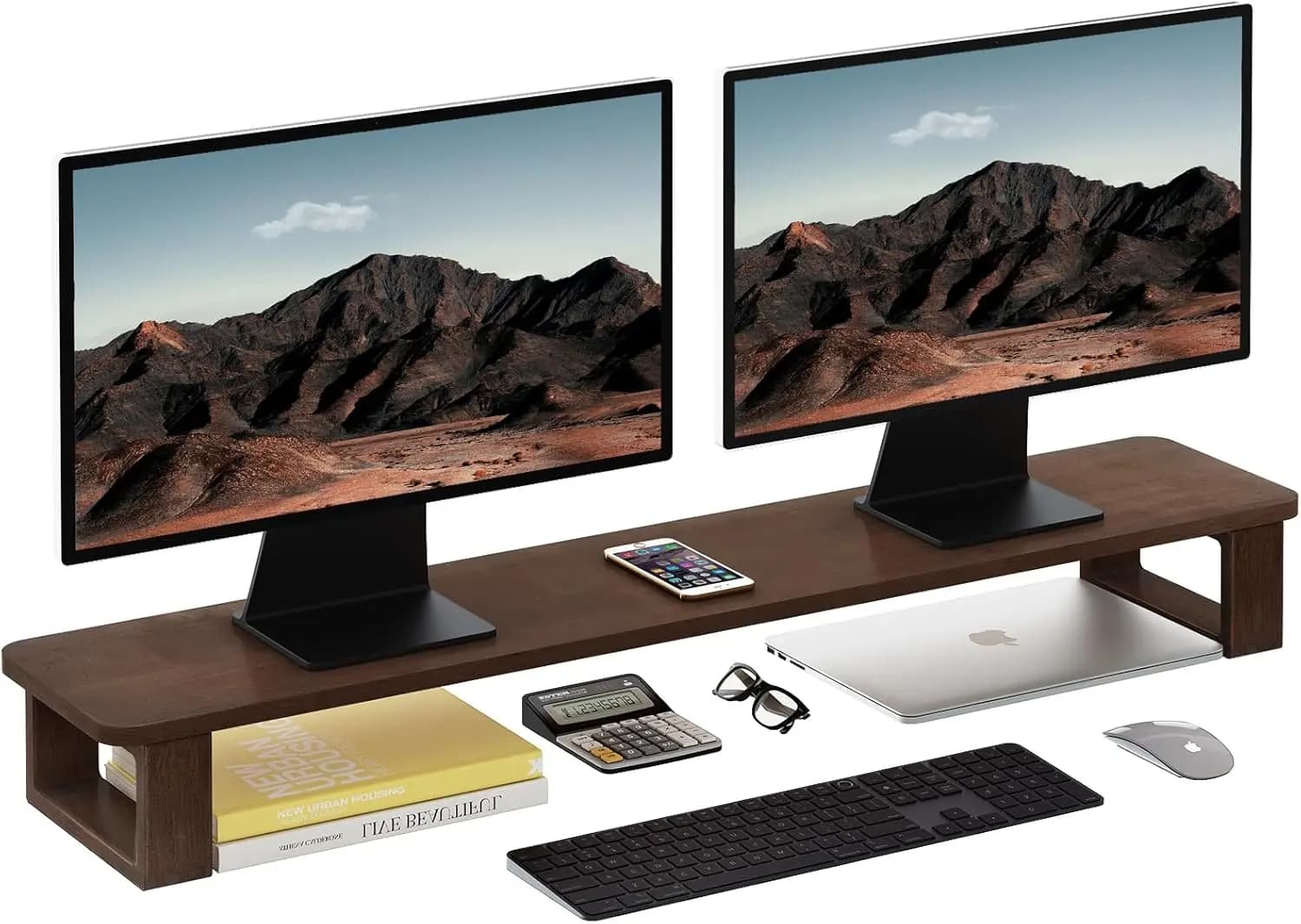 Supporto per Doppio Monitor, Regolabile in 2 Altezze, Organizzatore da Scrivania in Legno per 2 Monitor, Laptop, TV