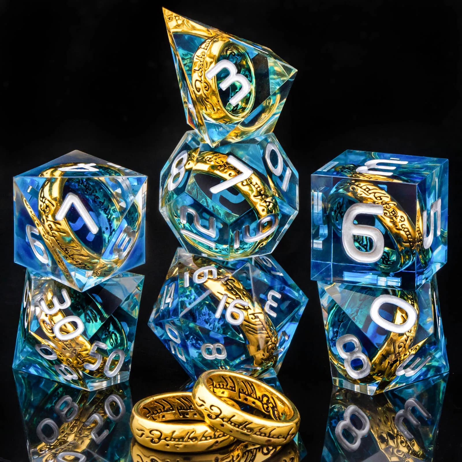 Magic Lord Ring DND Dice Set, 7Pcs Resin LOTR D&D Dice Set for Role Playing Game, Blue Dungeons and Dragons Sharp Edge Dice Set