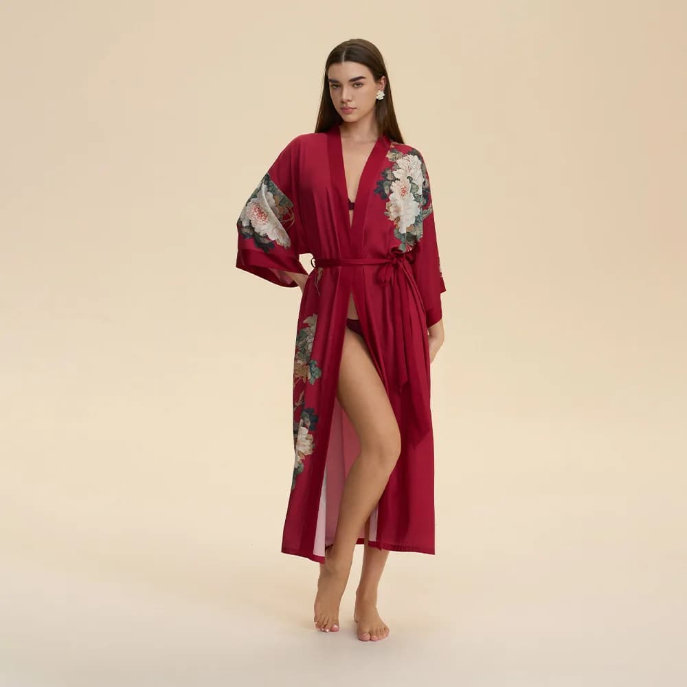 Women's Long Bathrobe with Floral Print Kimono Bathrobe Spring Summer Satin Nightwear Homewear