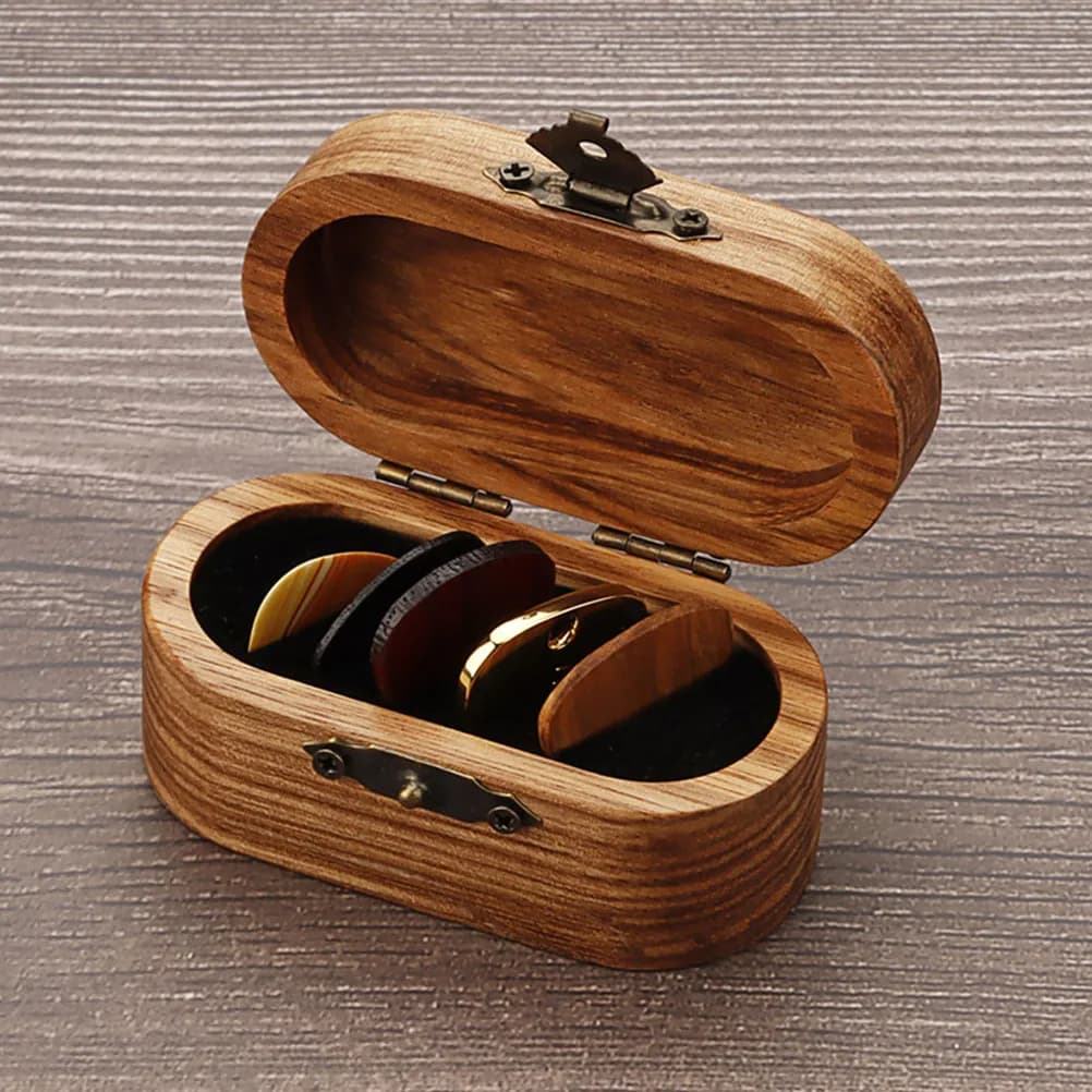 Set di 1 Scatola Porta Plettri in Legno di Noce e 5 Plettri, Elegante Custodia Organizer per Accessori Chitarra Acustica, Elettrica e Basso