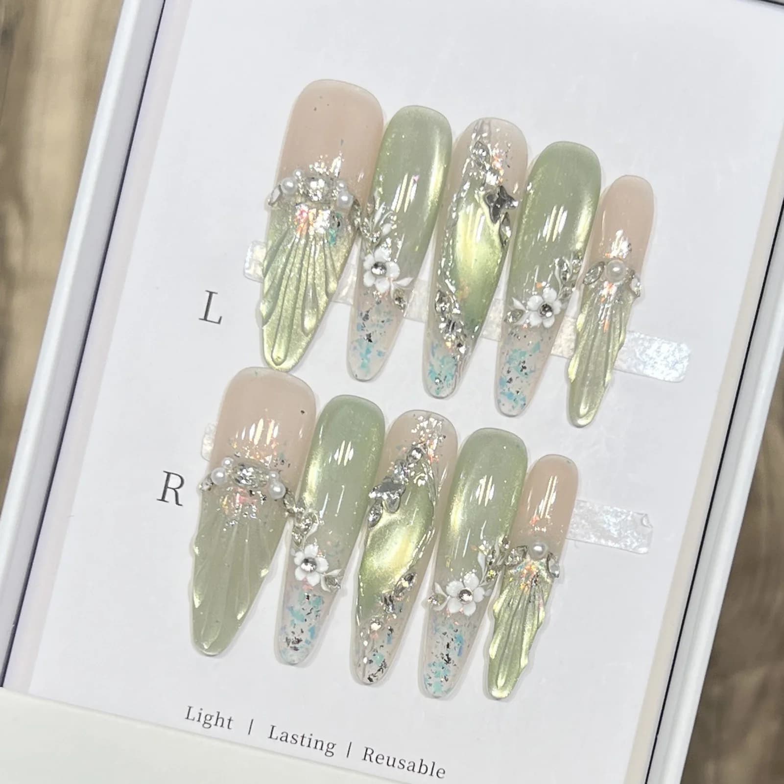 10 pieces of long fake nail tips of almond with french handmade green cat eye print on nail flower pearl design fake nails detachable