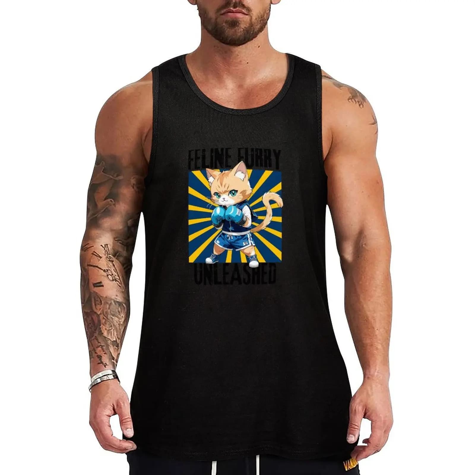 Boxing Cat Feline Furry Unleashed Cute Cat with Boxing Gloves Tank Top Muscle Tank Top Athletic Fit Gym Workout Sleeveless