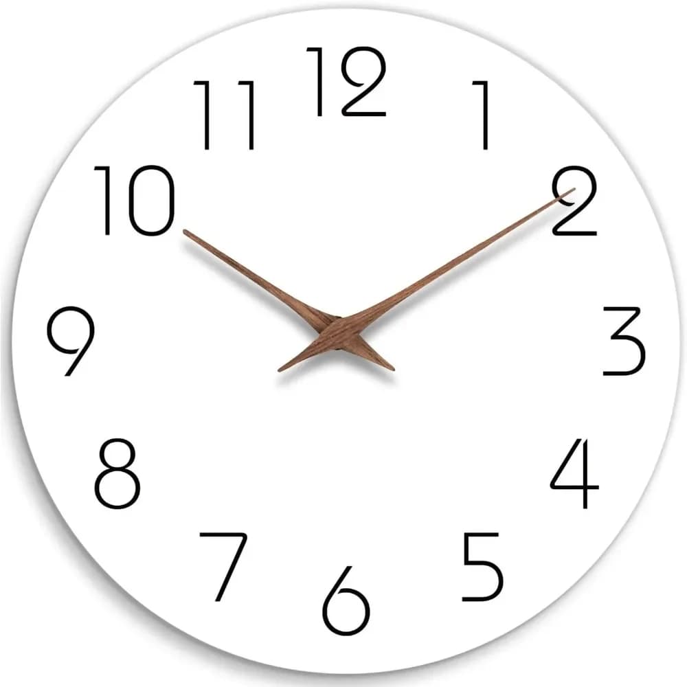 Wall Clock 12 Polished Silent Without Ticking in Wood, Battery Operation, Modern White Simple Minimalist