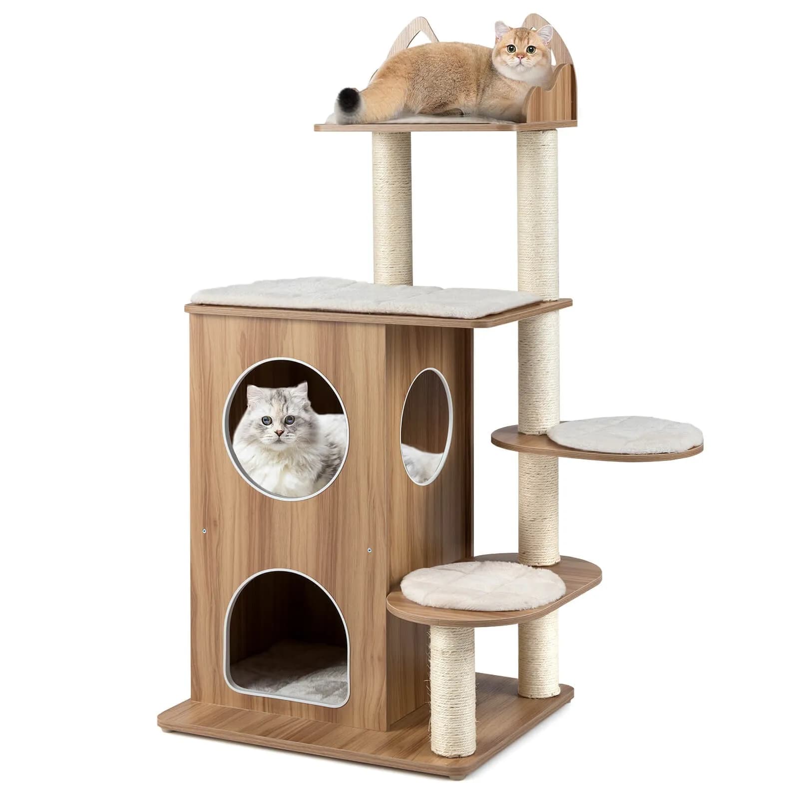 Albero per Gatti in Legno da 48 Pollici, Torre per Gatti da Interno con Cuccia a 2 Piani e Graziosa Piattaforma Superiore