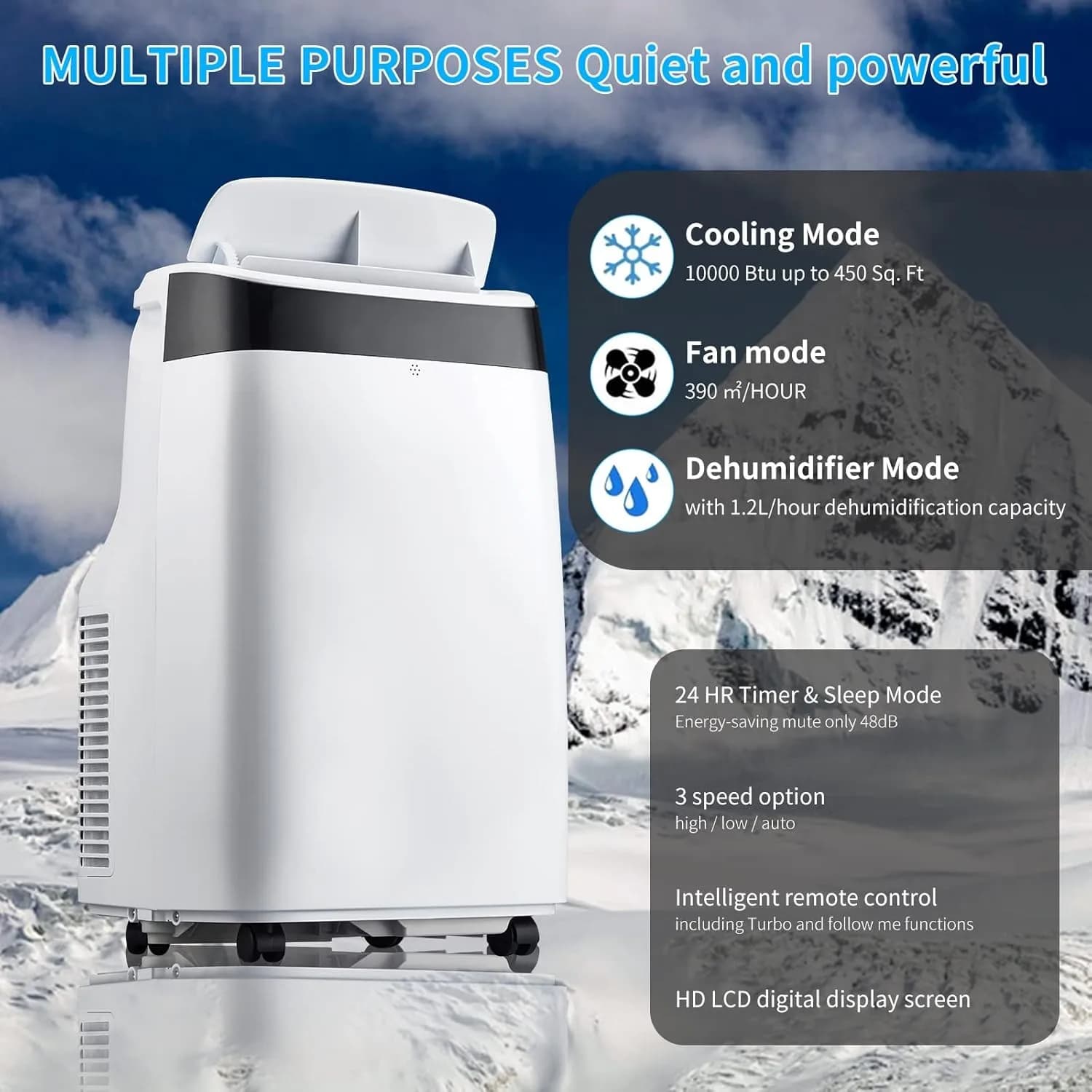Condizionatore d'Aria Portatile da 10000 BTU con Deumidificatore, Timer 24H e Telecomando per 450 Piedi Quadrati