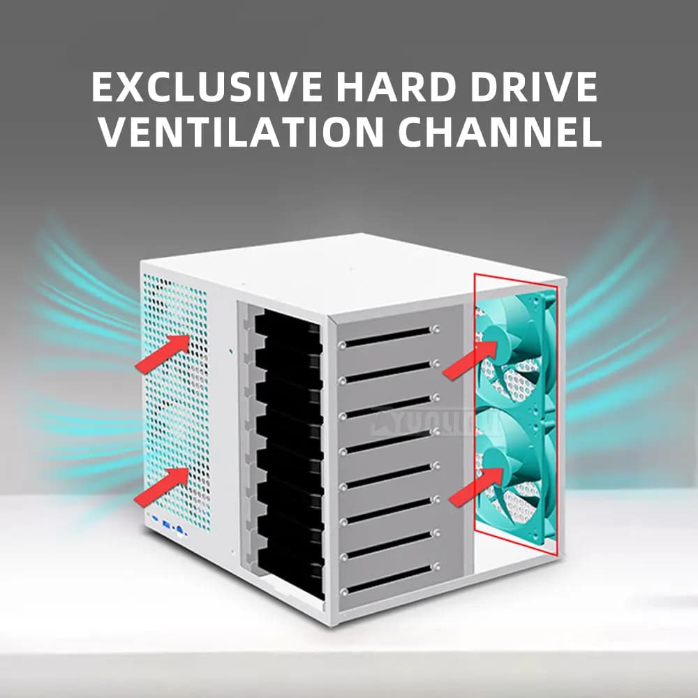 MATX motherboard, Sagittarius 8-bay NAS chassis, ATX power supply, full-height PCIe, storage server