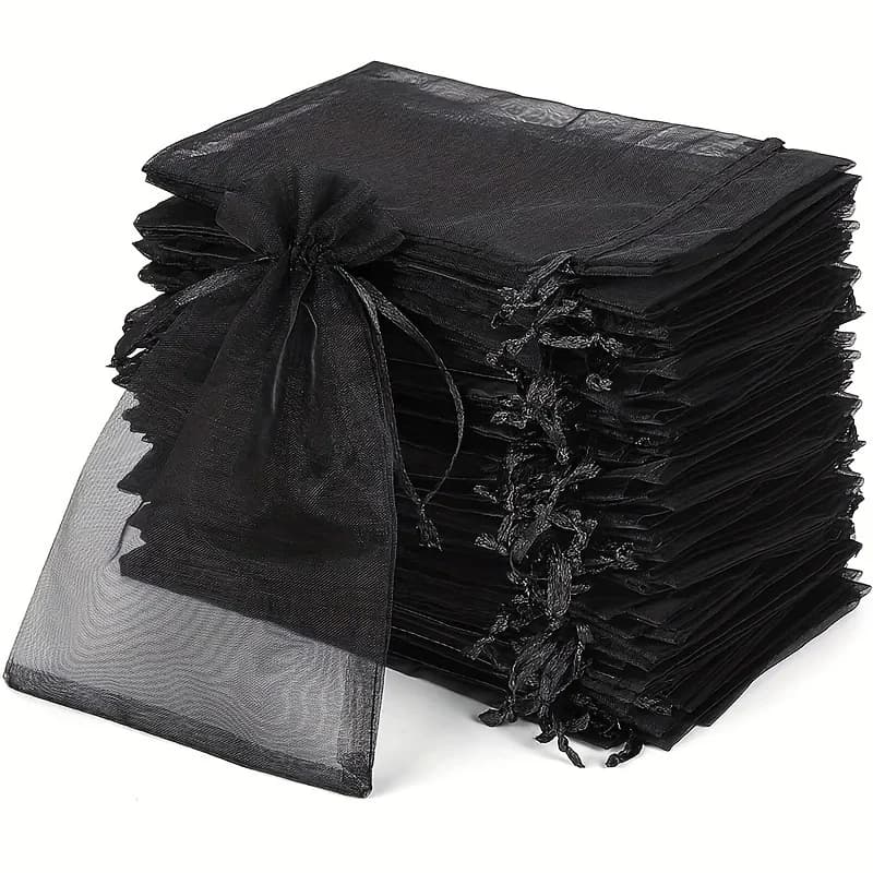 50 sacchetti con coulisse in organza nera, sacchetti per imballaggio durevoli, gioielli, bomboniere, baby shower, festival, regali per feste, sacchetti per imballaggio