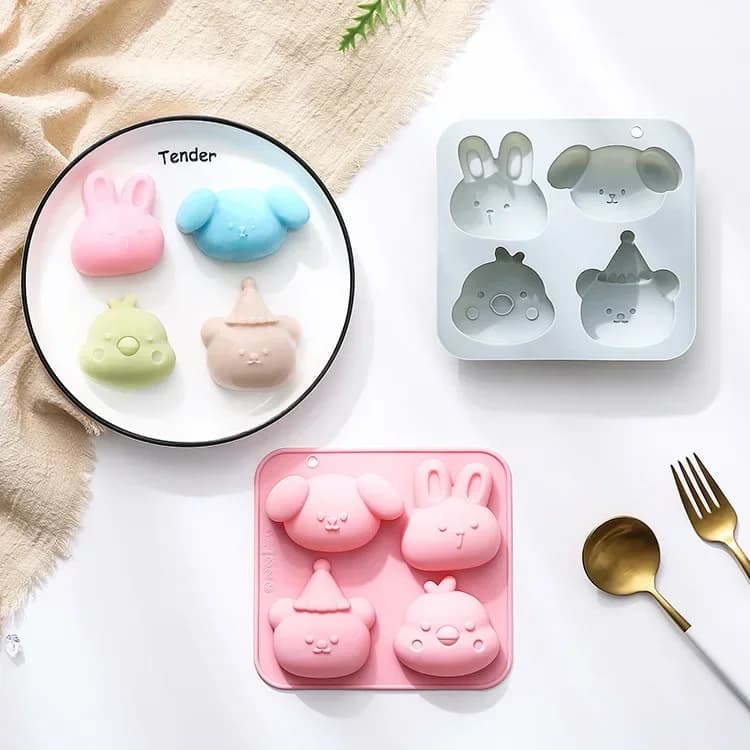 Coniglietto a 4 fori, cane carino, pulcino, orso, forma di cartone animato, stampo in silicone, stampo per torta, cubetto di ghiaccio, accessori per stampi per cioccolato