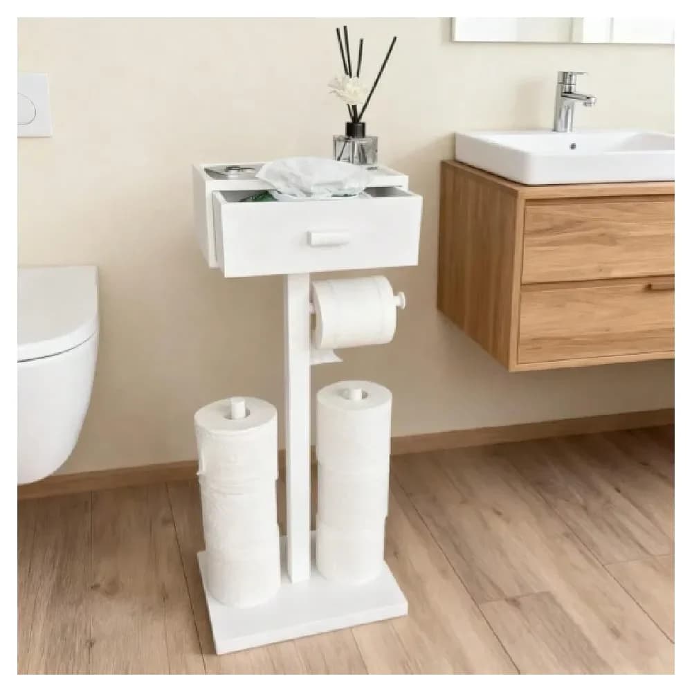 Portarotolo da terra con ripiano, in legno bianco, con cassetto porta salviette umidificate, 2 barre per bagno, portaoggetti