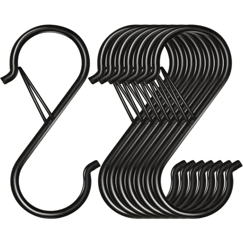 3.5" Heavy Duty S Hooks with Safety Buckle Black Metal Hanging Hooks for Closet Kitchen Pot Rack Plants Bags Utensils