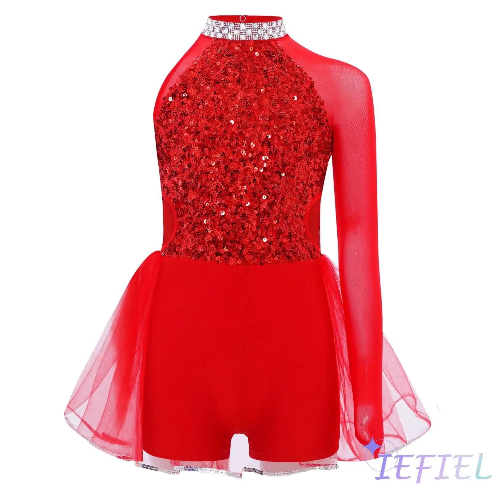 Kids Girls Jazz Latin Dance Costume Sparkly Sequins Bodice Tulle Skirted Leotard Lyrical Gymnastics Jumpsuit Jazz Dance Wear