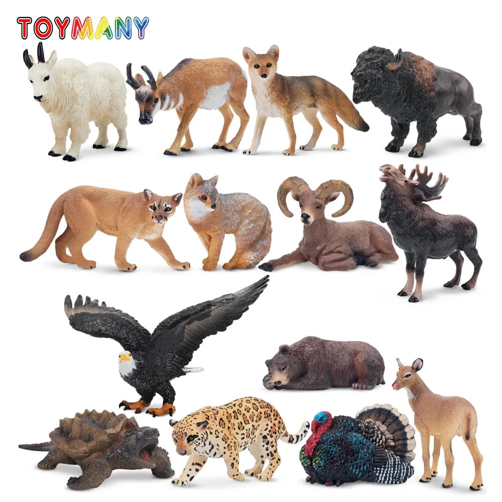 Toymany Simulazione Mini Animali nordamericani Modello Giocattolo 14 pezzi Mini Figure Bambole Action Figurine Giocattoli Regalo per bambini Torta dicembre