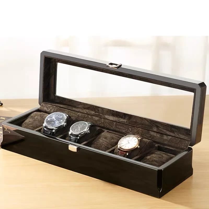 Scatola per orologi di lusso in legno marrone nero Scatola regalo per orologi a 6 slot Custodia per orologi Custodia da viaggio Organizzatore Scatola per gioielli da uomo Vernice per cuocere al pianoforte