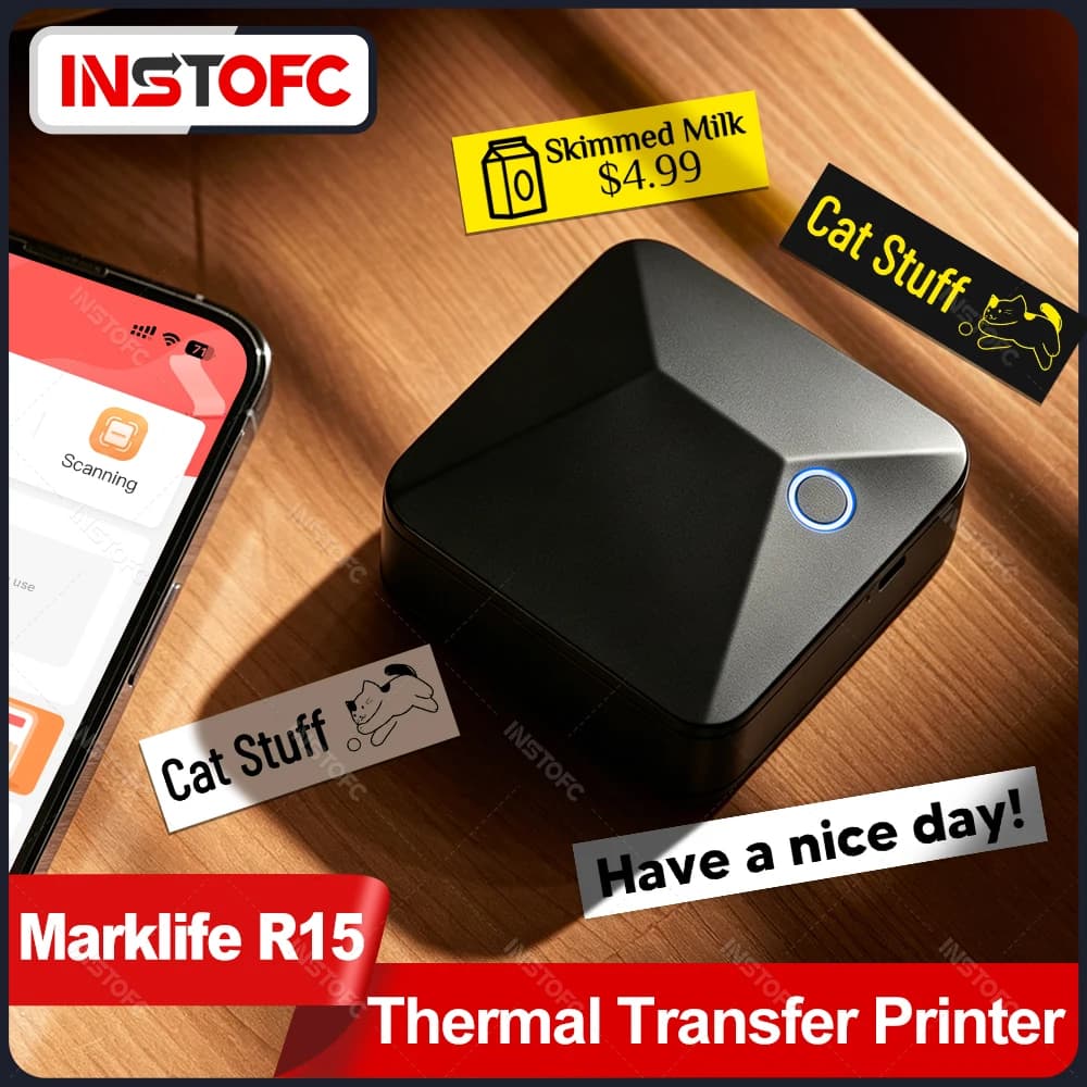 R15 Marklife Thermal Transfer Label Printer 12mm Wireless Label Maker Mini Adhesive Sticker DIY Name Switch Note Tag for Office